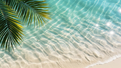 Wall Mural - Water background with palm leaf top view. Tropical summer.