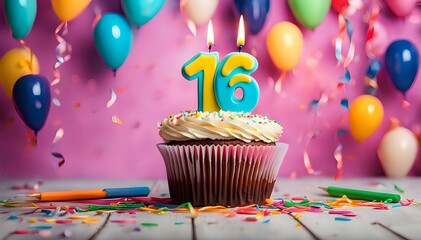 Wall Mural - Birthday cupcake with burning lit candle with number 16. Number sixteen for sixteen years or sixteenth anniversary.