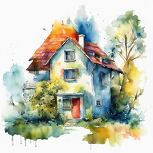 A Nice House In The Woods. Watercolor Illustration. Artificial Intelligence Generator, AI, Neural Network Image. Background For The Design.