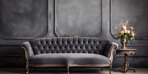 Wall Mural - Vintage grey fabric upholstery on a classic sofa, with a retro antique interior decor.