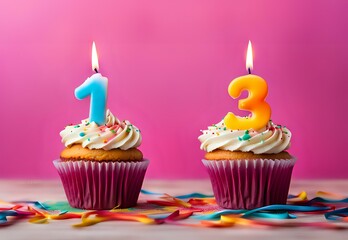 Naklejka na meble Birthday cupcake with burning lit candle with number 13. Number Thirteen for Thirteen years or thirteenth anniversary.