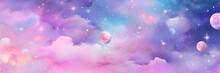 Bokeh Sky Background. Light Pink Pastel Galaxy Abstract Wallpaper With Glitter Stars. Fantasy Space With Sparkles. Holographic Fantasy Rainbow Unicorn Background With Clouds And Stars.