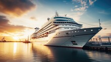 A Modern, White Cruise Ship Near The Pier At Sunset, Side View. Travel And Vacation