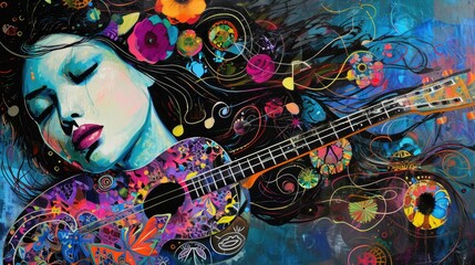 Wall Mural - Guitar and girl on abstract colorful background. Music collage