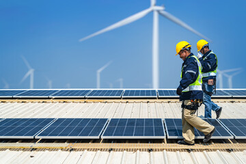 Wall Mural - worker technicians are working to construct solar panels system on roof with wind turbine on backgro