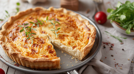 Wall Mural - Quiche Lorraine pie with beechwood smoked bacon, creamy Cheddar cheese, and free-range egg in shortcrust pastry on a white plate and modern white background. Banner with copy space.