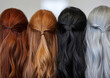 Palette of various colours hair. Wigs of black, brown, red, grey hair.