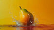  a mango falling into water on an orange background in