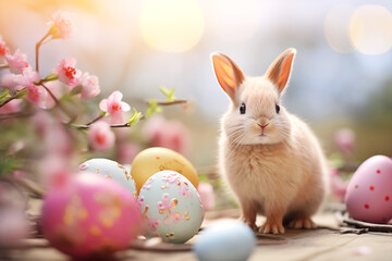 Wall Mural - Bunny with decorative Easter eggs among pink cherry blossoms. Easter greeting card