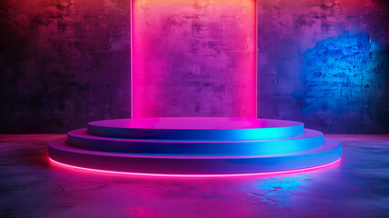 Wall Mural - Neon podium with gaming background, mockup display stand for product presentation