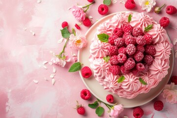 Wall Mural - raspberry cake with raspberries , in the style of light pink