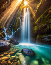 A Waterfall Time Exposure With Sun Rays - 02