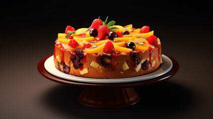 Wall Mural - Delectable vegetarian fruit cake adorned with berries on a dark background - a mouthwatering dessert for any occasion.