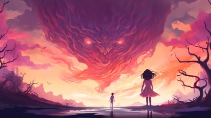Wall Mural - A giant monster with red eyes towers over two children in a barren landscape.