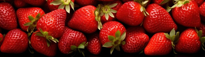 Wall Mural - The image displays a close-up view of a group of strawberries. The background is black, and the foreground is slightly blurred out. The strawberries are arranged in a row, with their stems pointing to
