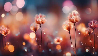 Transparent round flowers in the rays of sunlight. Magical landscape.
Concept: background, wallpaper, banner, flora, sunset.