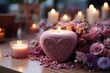 Pink heart shaped candle with decorative design on a background of flowers and bokeh
Concept: aromatherapy, spa relaxation