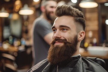 a handsome model man with a beard in the hairdresser barbershop salon gets a new haircut trim and style it. sitting on the chair and talks to the hairstylist barber. guy smiling.