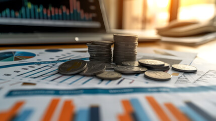 Financial analyst workspace. On his desk lies a large number of papers with graphs and data. Business analytics concept.