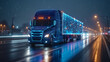 Big blue Semi-Truck with Cargo Trailer Drives on the Road is Transformed with Graphics and Special Effects Into Digitalized Version Digital Twin Futuristic Concept of Autonomous Vehicle.
