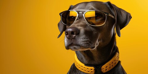 Black dog with chic sunglasses and patterned collar, yellow background.