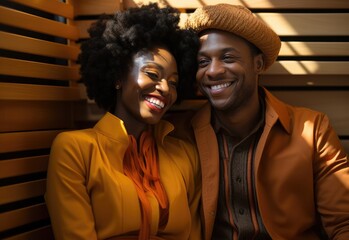 Wall Mural - A fashionable couple proudly pose against a vibrant wall, radiating joy through their genuine smiles and stylish headgear