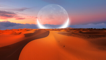 Poster - Dusk sky with crescent moon in the clouds on the foreground hot desert (sand dune) 