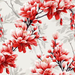  Illustrated Red and White Floral Seamless Pattern