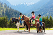 © famveldman - Kids riding pony. Child on horse in Alps mountains