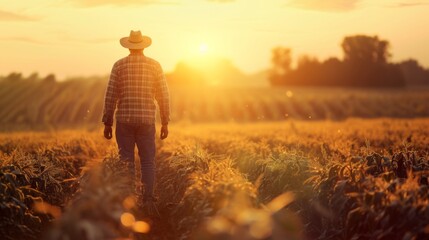 Wall Mural - Farmer on the field during summer sunset