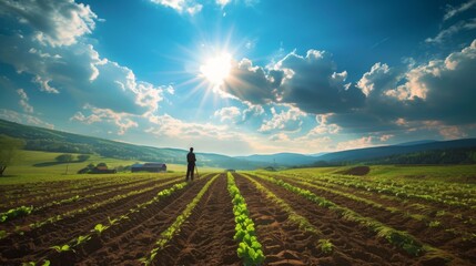 Wall Mural - Farmer on the field during sunny day, beautiful blue sky