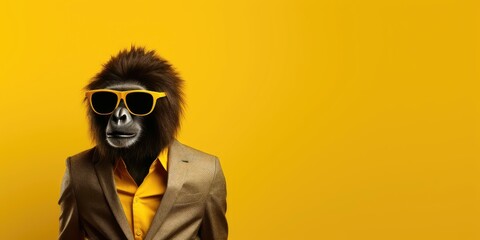 Wall Mural - Baboon in suit and yellow sunglasses, yellow background.