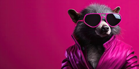 Wall Mural - Racoon in pink sunglasses and jacket on a vibrant pink background.