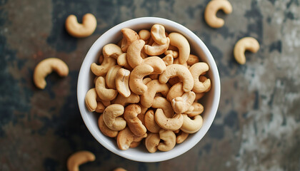 Cashew nuts in round white bowl from above 