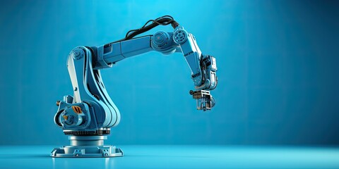 Wall Mural - Automatic robot arm 3D on blue background. ITO; Industrial 4.0 concept. Modern industrial technology. For smart, intelligent, digital manufacturing which operate for efficiency and high productivity