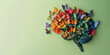 Human brain made of multi-colored butterflies on light green background, banner with copy space, concept of neurodiversity and mental problems