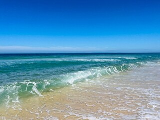 Pure blue sea horizon, blue seascape background, clear sky