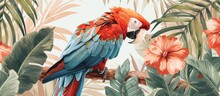 Red And Blue Macaw With Flowers On The Leaves Generative AI