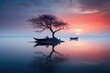 Lonely tree and boats on a tranquil lake at sunset, 3d render. peaceful landscape. tranquil sunset scene. beauty of nature. dreamy traveling destination.