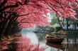 Cherry blossoms and wooden boat on a river in spring. The landscape with cherry blooms trees, lonely boat and foggy lake. peaceful fantasy landscape.