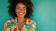 portrait of a smiling, happy curly haired woman in Hawaiian shirt 