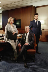 Group of professional lawyers posing together in exquisite boardroom in office