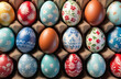Colorful painted Easter eggs background, rows of handmade natural eggs