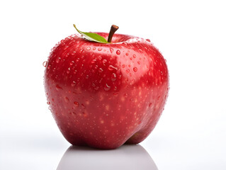 Fresh red apple fruit with water droplets on it in white background