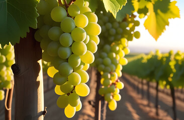 A bunch of ripe white grapes at sunset. Vineyard. Winery. Harvesting