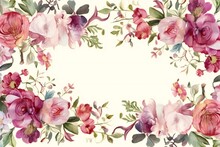 Watercolor Floral Frame With Pink And Red Flowers And Green Leaves