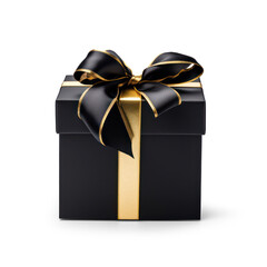 Elegant Black Gift Box with Golden Ribbon on isolated on white background.