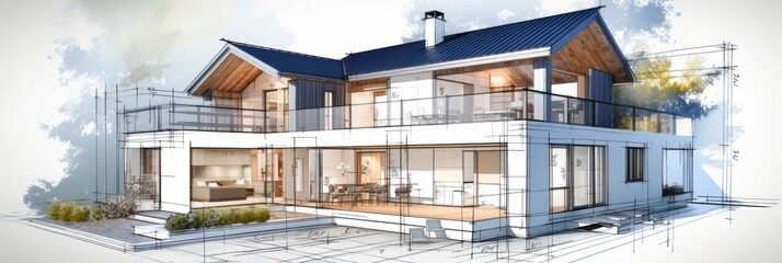 Wall Mural - vision of architecture of a 3d model house project with blueprint