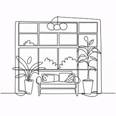 One continuous line drawing of a sunlit conservatory with large windows and potted plants. Tranquil and nature-inspired decor with comfortable furniture in a simple linear style.