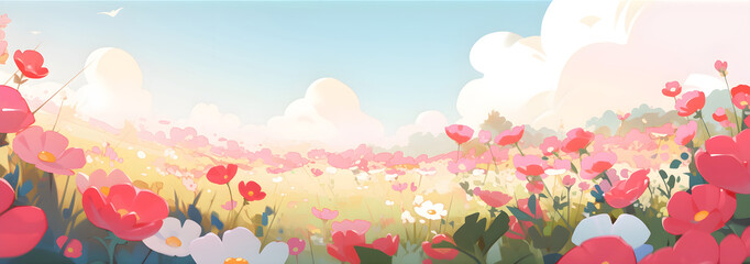 Wall Mural - Spring meadow with red poppy flowers. Children's book flat illustration with a blooming flowers field. Panoramic flat banner with summer nature landscape with copy space. Concept design for kids room.